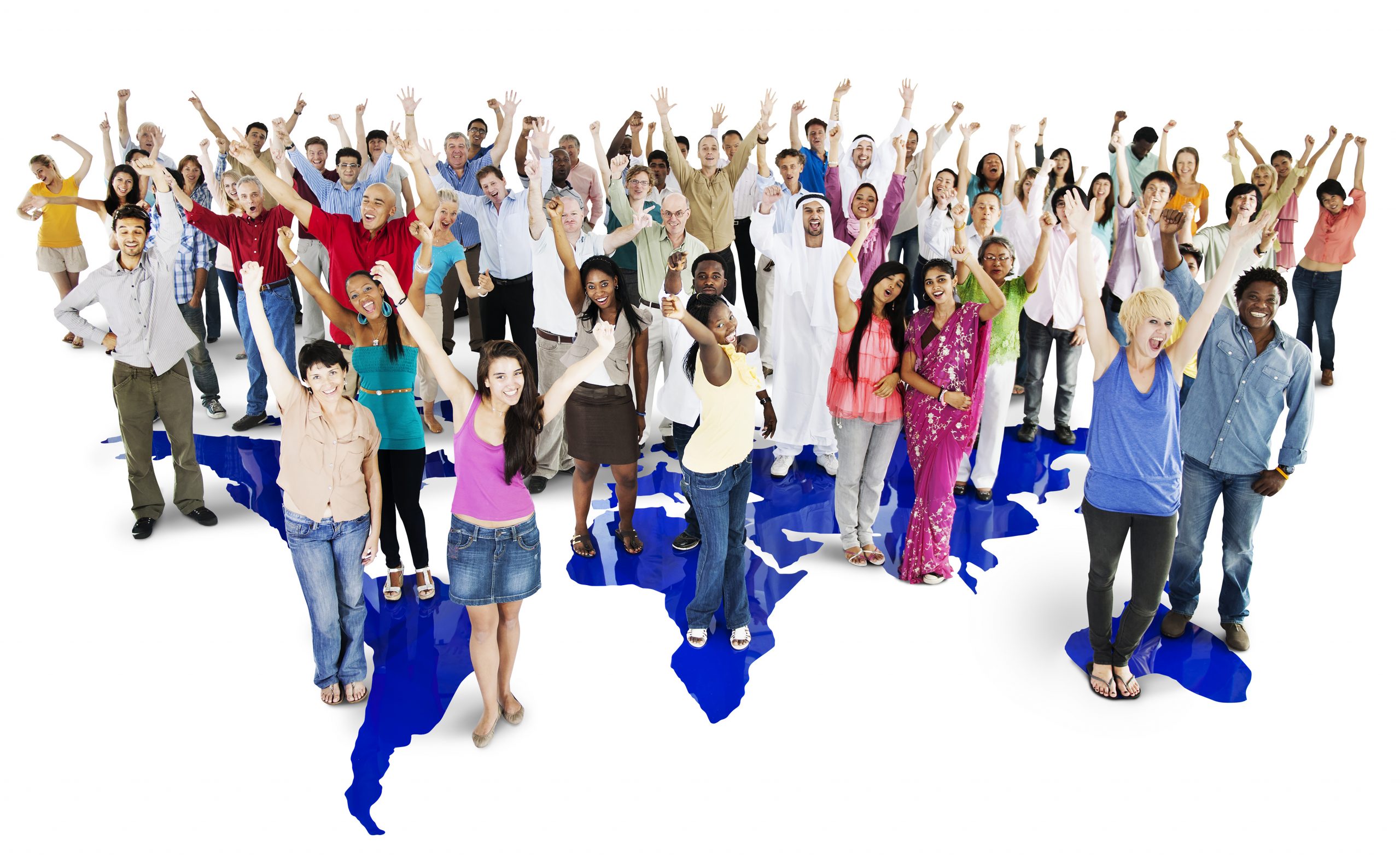 People standing on world map with arms raised